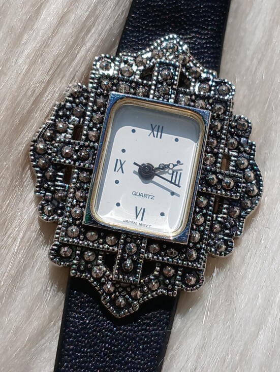 Avon Accessories - Vintage Avon Marcasite Watch 90s 1990s Fashion Wrist Jewelry Black Leather Stone
